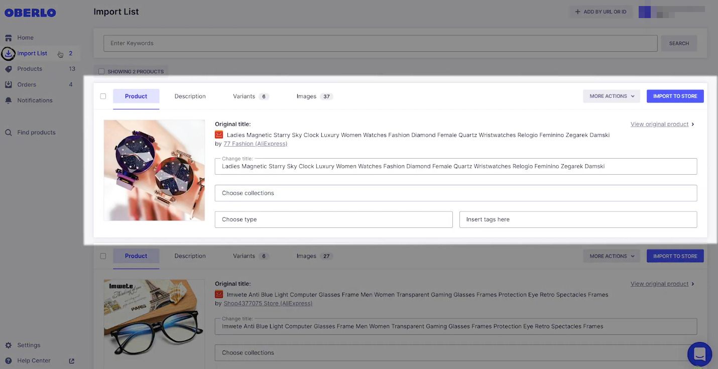 Product details customization options - Oberlo app
