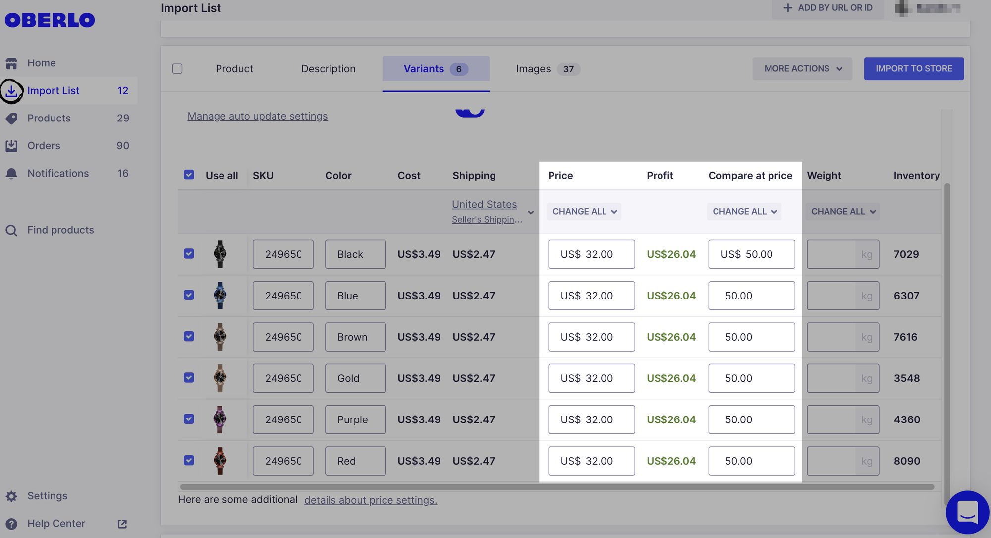 Setting prices for selected item on Oberlo app (Oberlo dropshipping)